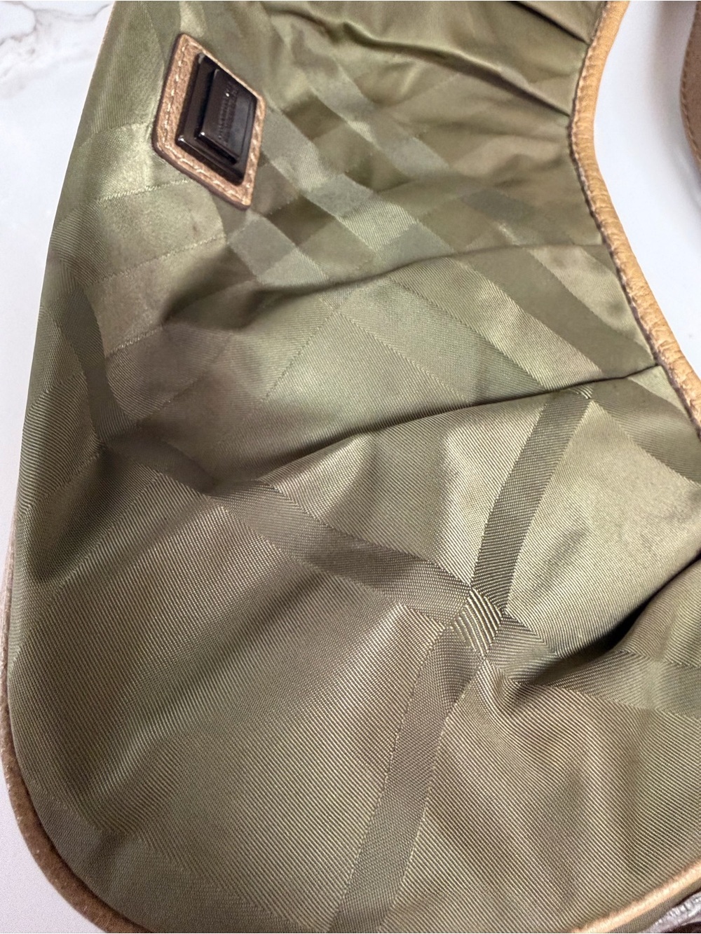 Burberry Shoulder Bag Olive Green Nylon Hobo Tote with Leather Trim - Picture 15 of 17
